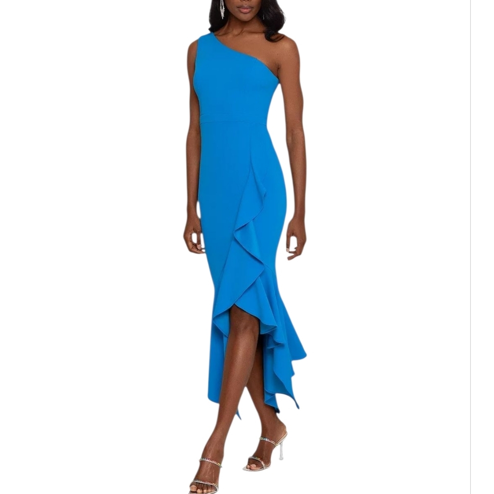 XSCAPE Asymmetrical Ruffled-Hem One-Shoulder Dress
